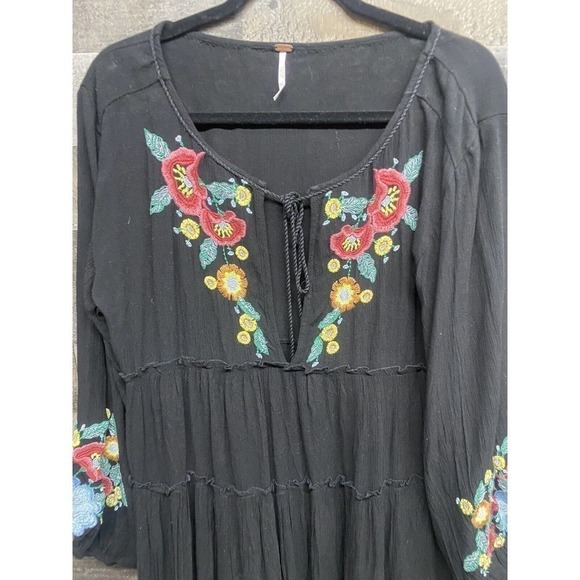 Free People Womens Boho Black Floral Embroidered Long Sleeve Mini Dress Size XS - Picture 3 of 7